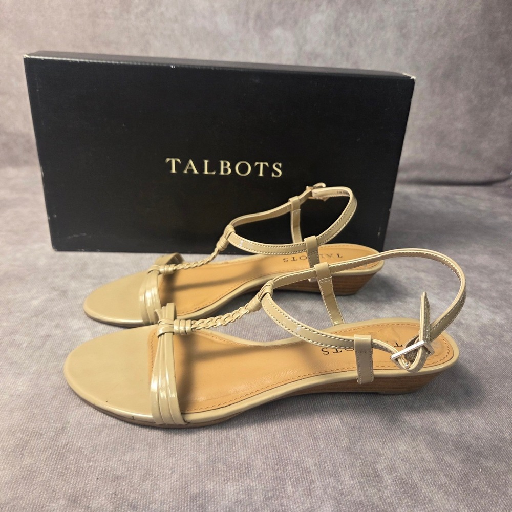 Talbots Codi4 British Khaki T-Strap Wedge Sandals Patent Braided Detail 5.5M